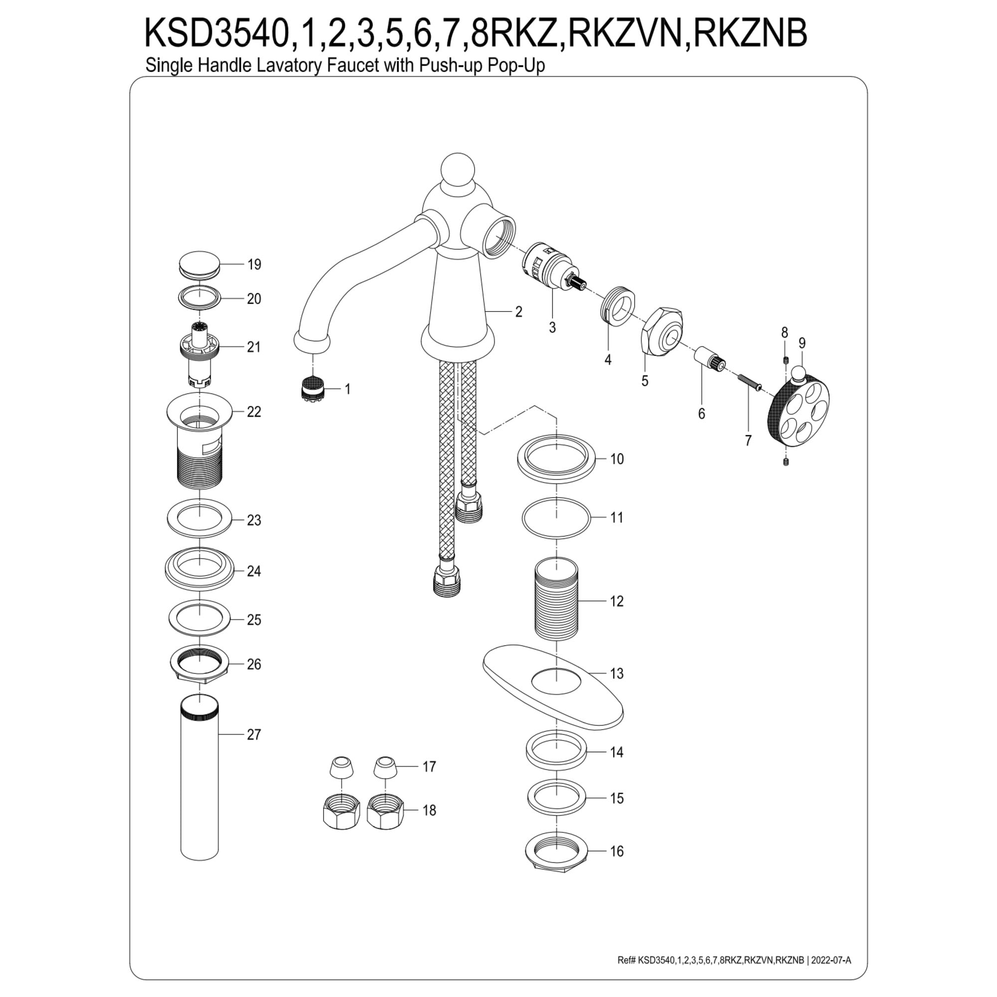 Kingston Brass KSD3548RKZ Wendell One-Handle Single-Hole Bathroom Faucet with Knurled Handle and Push Pop-Up Drain, Brushed Nickel