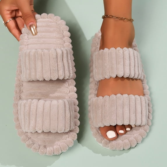 TFEOQRY Womens Open Toe Slide Slippers with Dual-Strap Corduroy Memory Foam Soft Comfy Home Shoes