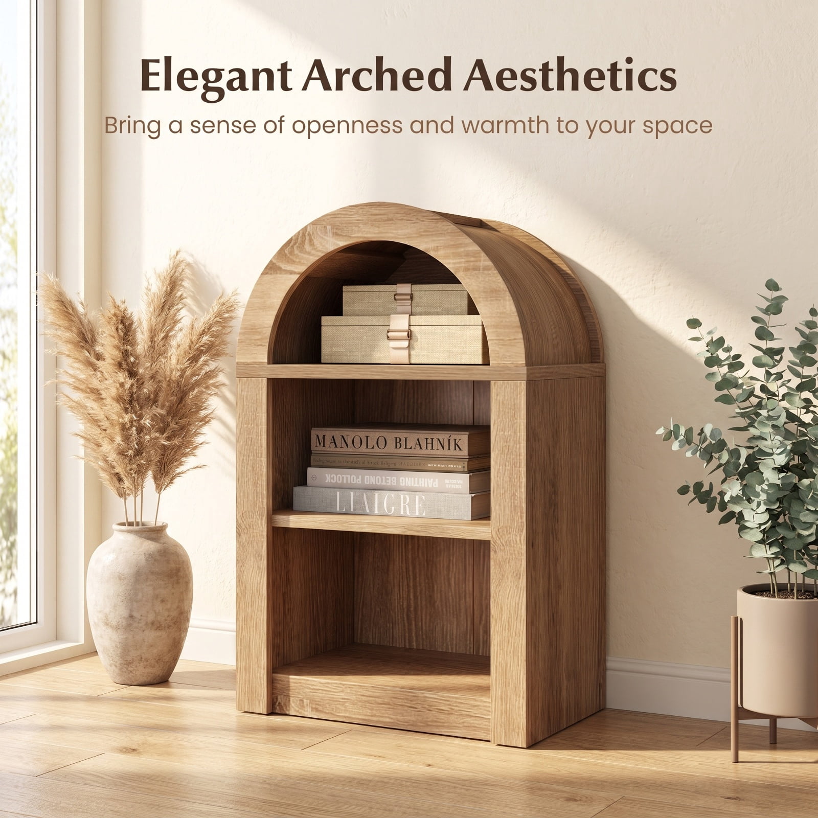 Furnibear 8-Tier Modern Arch Bookshelf with 3 Adjustable Shelves for Living Room Home Office Bedroom Display Storage Shelf, Natural