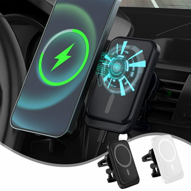Cargador magnético inalámbrico de coche de 15W - Soporte para teléfono con carga rápida y giro de 360°, clip seguro y disipación de calor para iPhone/Android