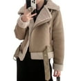 thumbnail image 3 of Women's Faux Shearing Moto Jacket Thick Lined Parka Winter Shearling Coat Leather Jacket Brown 9207 M, 3 of 10