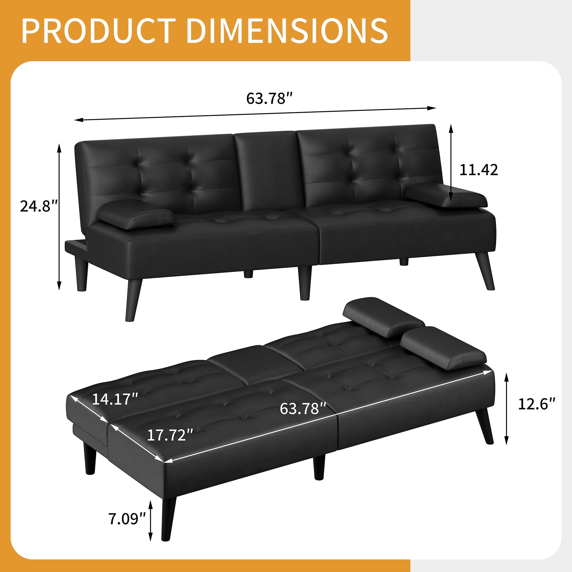 Walsuuny Futon Sofa Bed Adjustable Futon with 2 Cup Holders & Removable Arms Convertible Folding Recliner faux leather sofa,Black