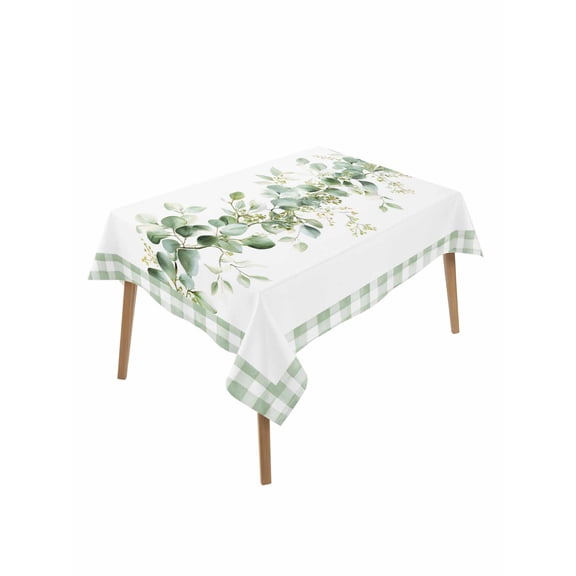 Eucalyptus Leaves Table Cloth, Waterproof Tablecloth for Rectangle Tables, Sage Green Plaid Watercolor Reusable Washable Fabric Table Cover for Restaurant Kitchen Dining Tables 52"x70"