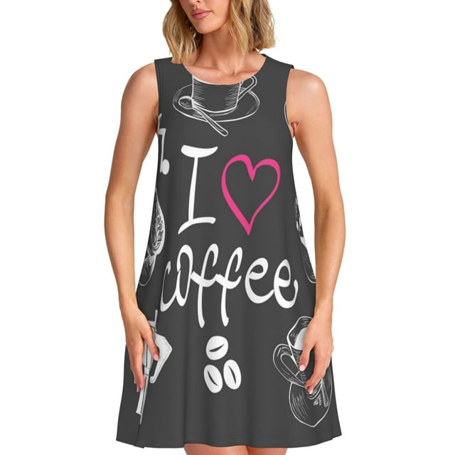 Fotbe I Love Coffee Vestido de Verano sin Mangas para Mujer – Vestido Midi Línea A, Estilo Camiseta Floral, Vestido Playero Casual y Fluido