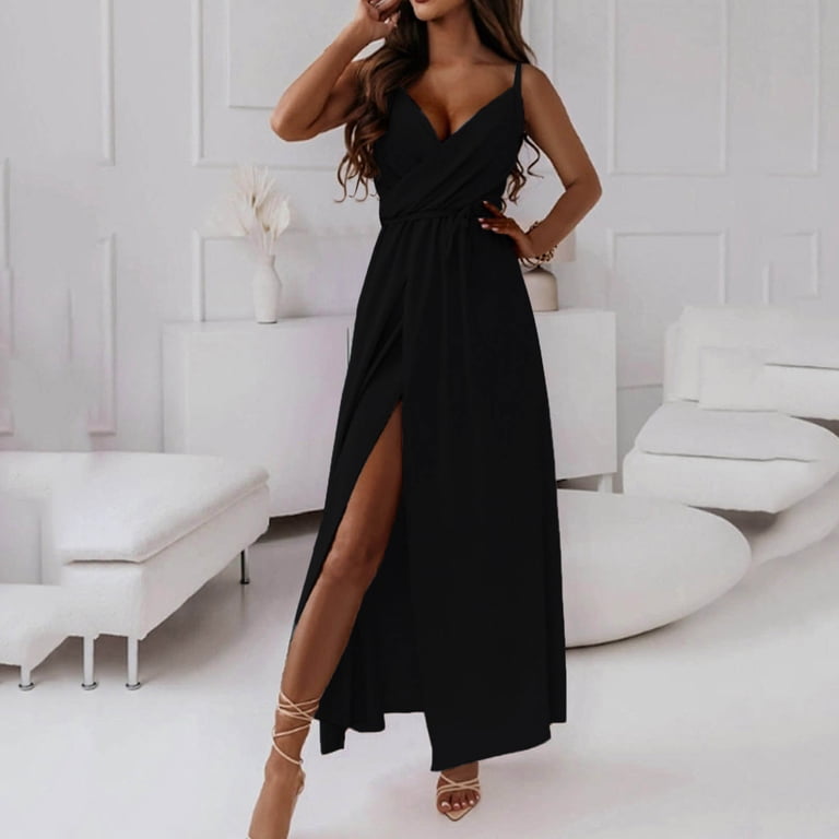 Efsteb Women's Maxi Dresses Summer Spaghetti Strap Wrap V-Neck Formal  Dresses Ruched Bridesmaid Wedding Guest Maxi Dress Cocktail Gown BlackL  - Walmart.com