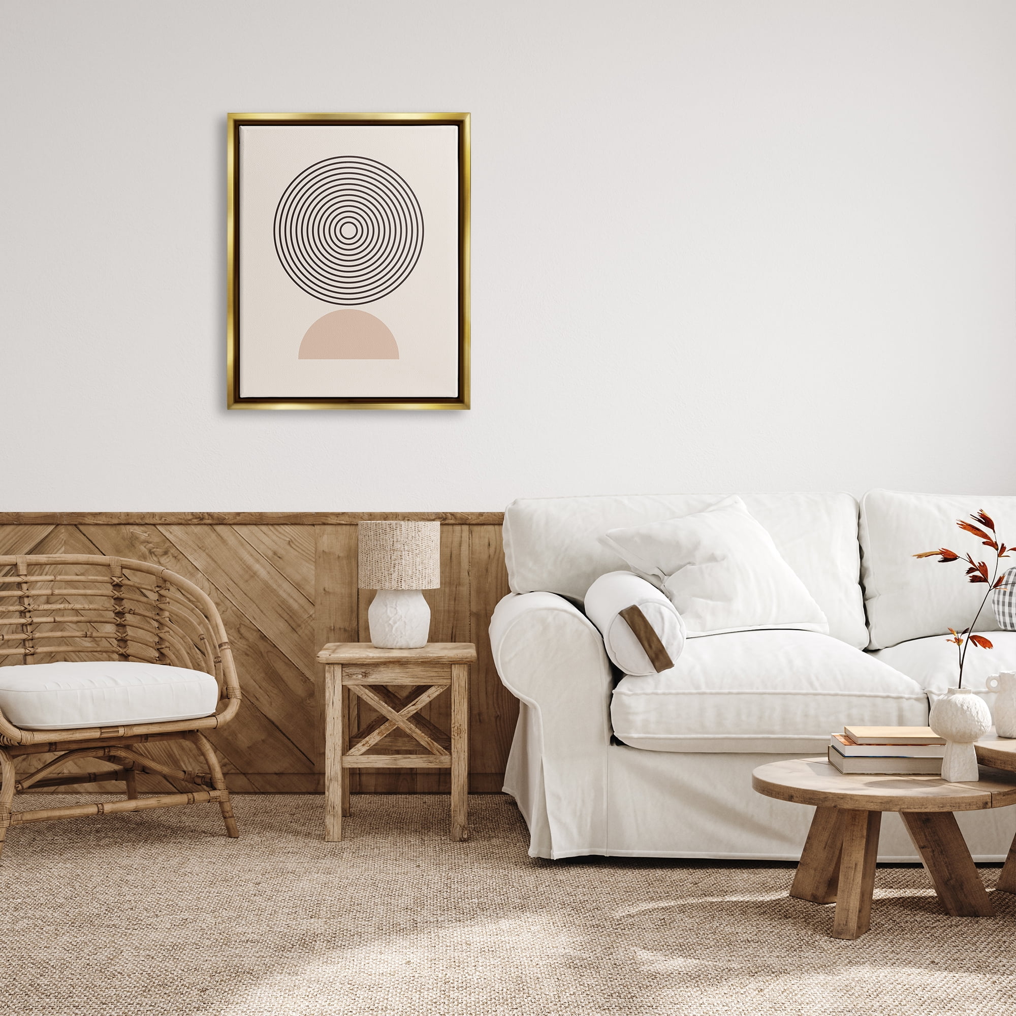 Stupell Industries Modern Circles on Beige Abstract Painting Gold Floater Framed Art Print Wall Art, 25 x 31