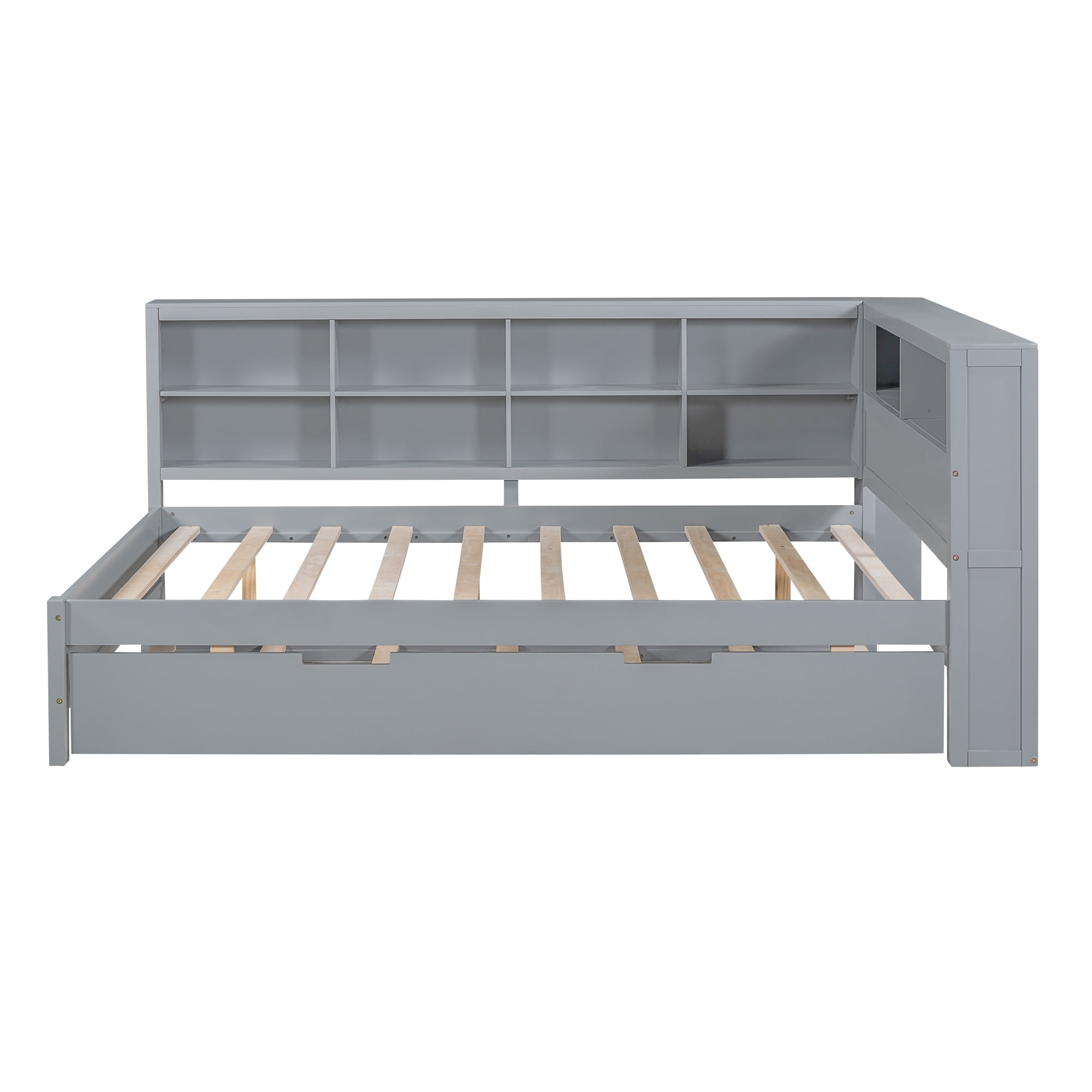 Mintazer Modern Full Daybed Frame with Twin Trundle, Charging Station & Shelves for Bedroom, Grey