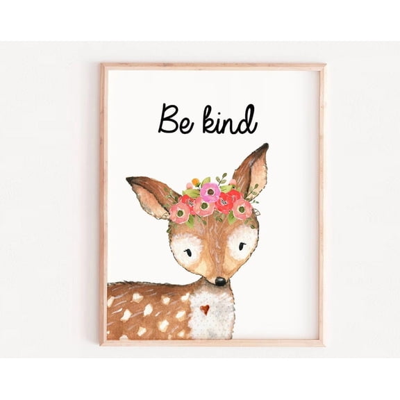 Be Kind, Nursery Print, Girlwall Art Quote, Woodland Girl Print, Kids Nursery Decor, Quote, Baby Affiche Animals Wall Art, Modern Wall Decor, 8x12 UNFRAMED