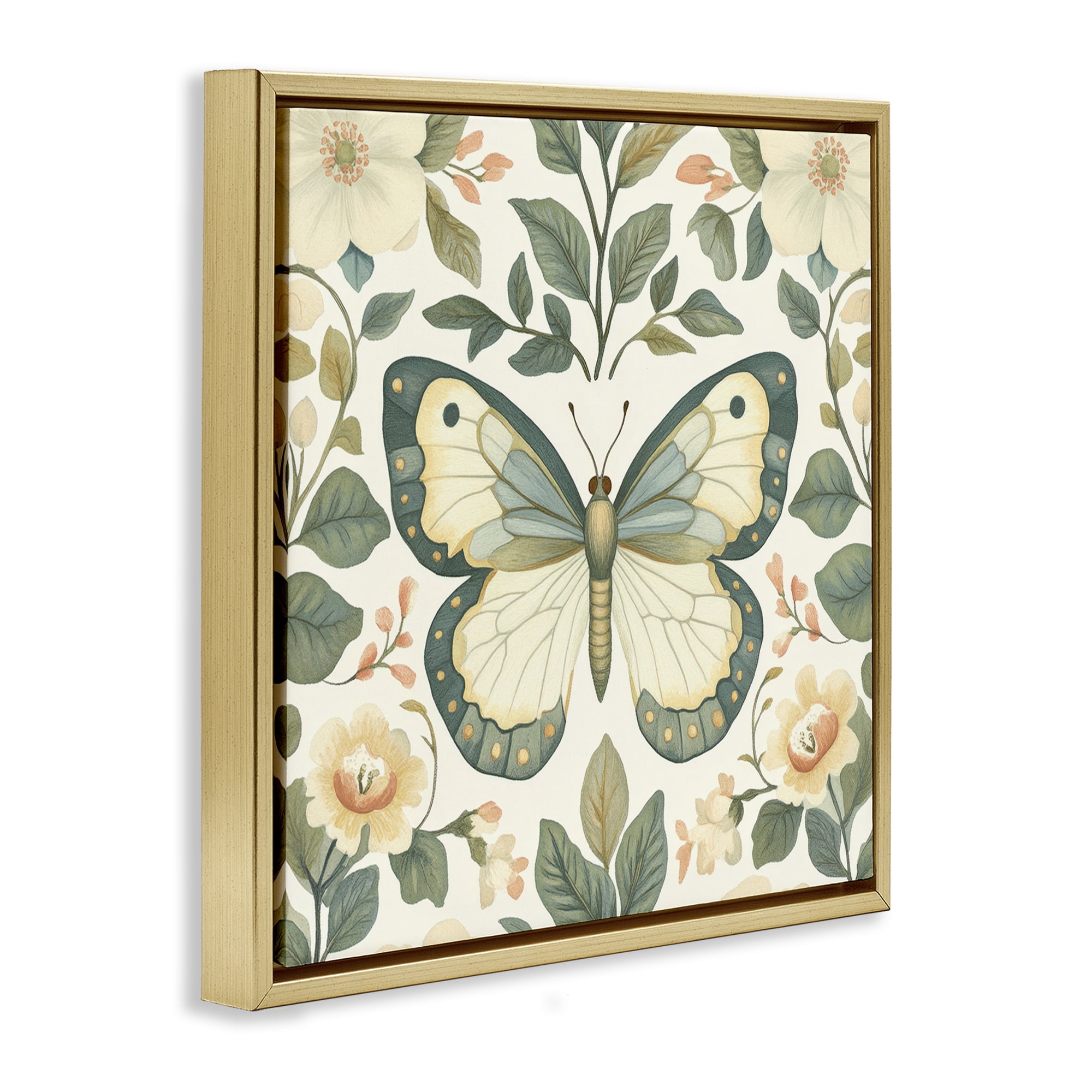 Stupell Industries Sage Butterfly and Florals Gold Framed Floater Canvas Wall Art, design by Petal Prints Design