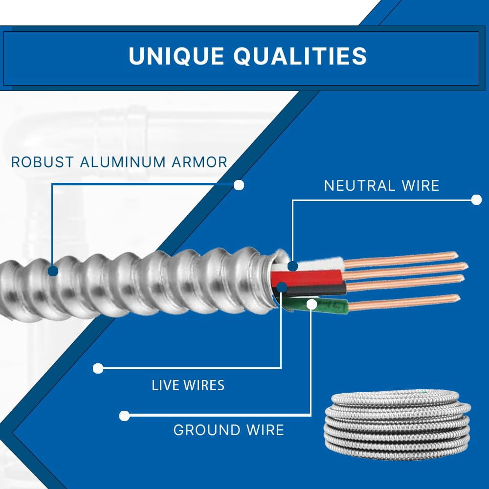 8/3 MC Cable Metal Clad Type 8 AWG 3 Cable with Ground Aluminium Armor Solid Copper Conductor for Indoor 25 Ft
