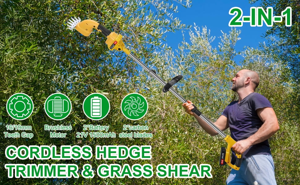 Dapmiu 2-in-1 Cordless Hedge Trimmer with Extension Pole, 21V Electric Grass Shear & Branch Cutter, 2 x 1500mAh Batteries, 30-40 Min Runtime for High Reach Pruning, Anti-Collision Safety Design.