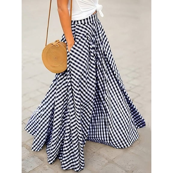 Sky Blue Gingham High Waist Flowing Maxi Skirt, Casual A-Line Skirt With Side Pocket