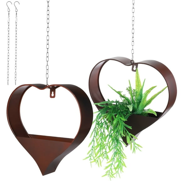 2 Pcs Heart-Shaped Metal Hanging Planters, Plant Hangers with Detachable Hooks and Chains, Rustic Coated Plant Stands for Indoor and Outdoor Use