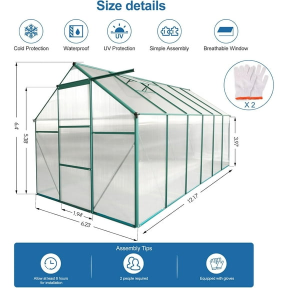 6x12 FT Polycarbonate Greenhouse Heavy Duty Aluminum Walk-in Greenhouse with Raised Base and Roof Vent