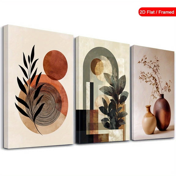 3pcs Canvas Wall Art for Living Room, Boho Abstract Geometric Botanical Leaves Picture, Mid-Century Modern Neutral Beige 3 Panel Artwork, Framed Wall Decor for Bedroom Dining Room Office