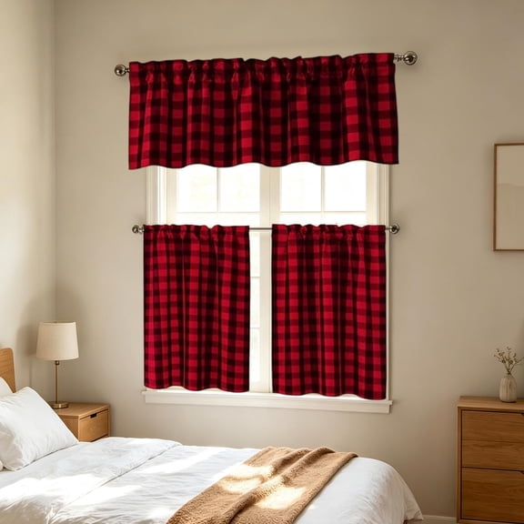 3Pcs Kitchen Curtain Set, Small Coffee Valance & Tiers for Basement, Light Filtering & Heat Insulating Window Treatment for Small Windows, Wine