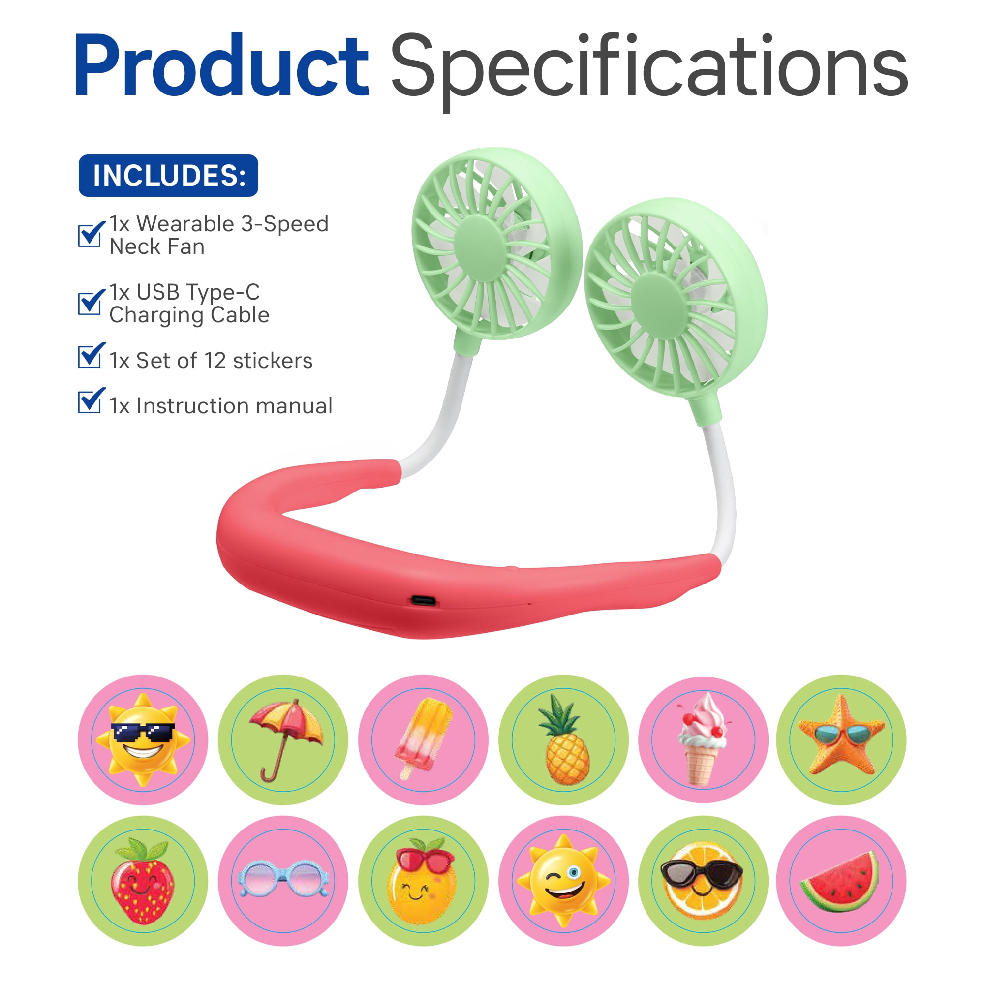 H-GLO Portable Neck Fan with LED Lights, Rechargeable, 3 Speeds, White, 1-Pack