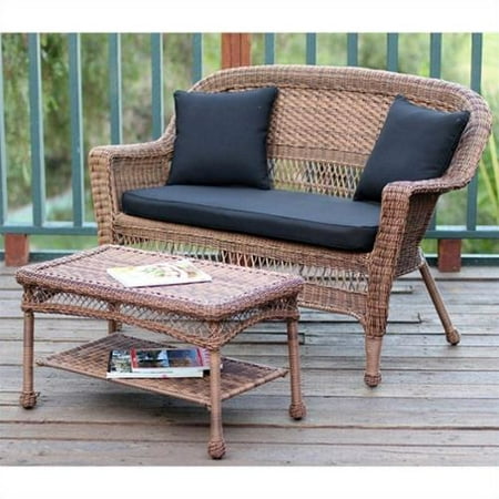 Jeco Wicker Patio Love Seat and Coffee Table Set in Honey with Black Cushion
