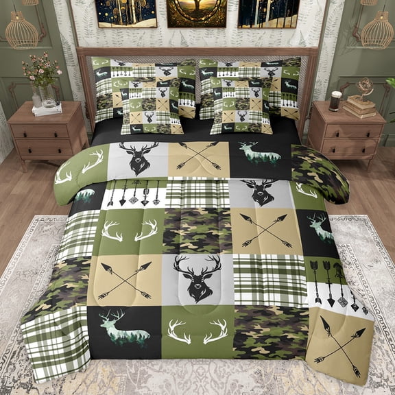 Homewish Rustic Camoflage Twin Bedding Sets 7-Piece, Hunting Wildlife Deer Bedding Comforter Set, Green Buffalo Patchwork Reversible Sheet Sets, Ultra Soft Bedroom Decor
