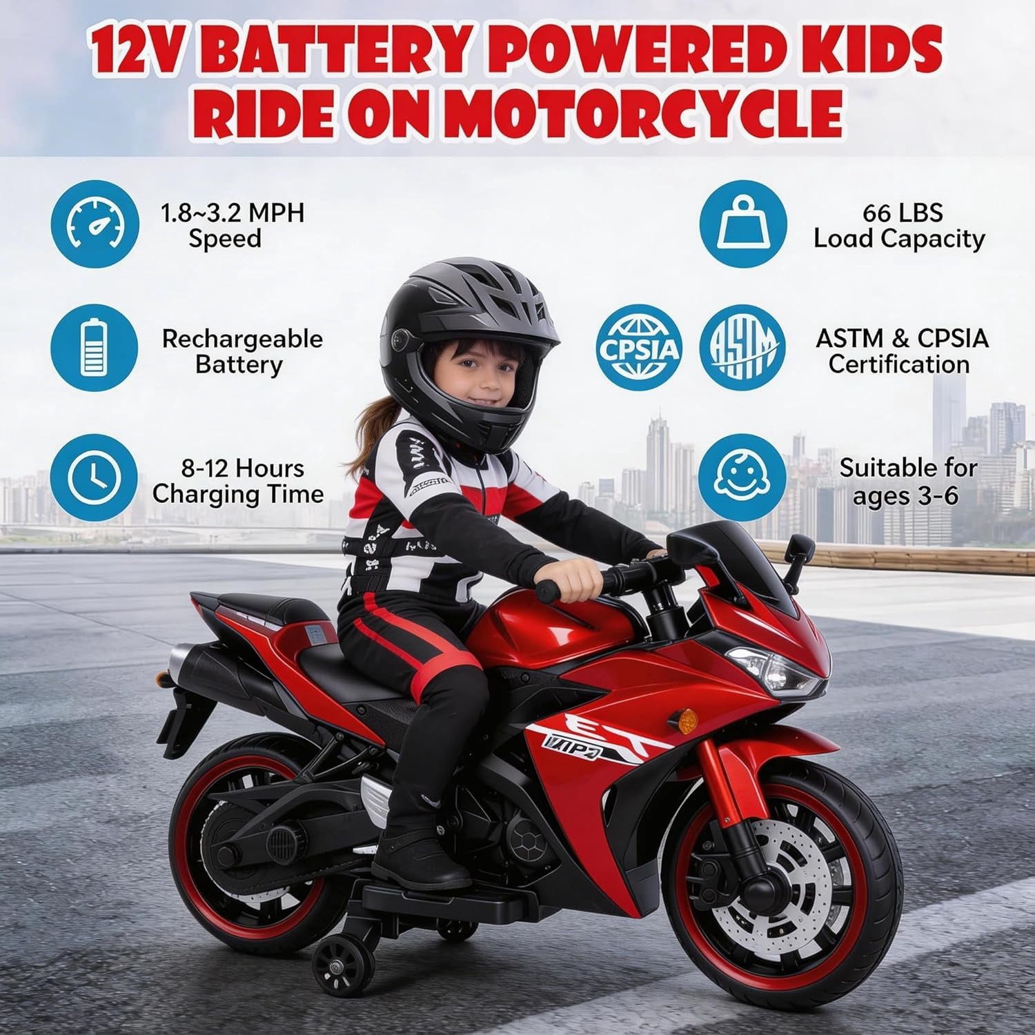 ZOGYMOZ Kid Motorcycle,12V Kids Electric Motorcycle with Training Wheels,Ride On Motorbike, Speed by Hand, Music Function, Max Load 88LB (Red)