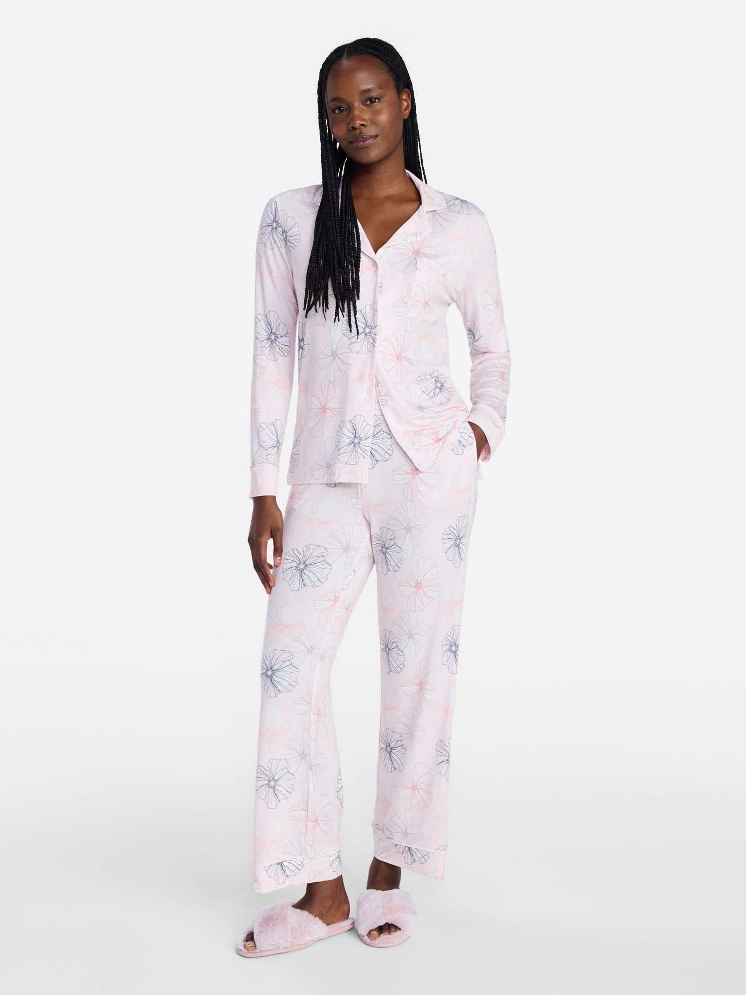 Joyspun Women’s Sleep Modal Long Sleeve Notch Top and Pants Pajama Set, Size XS-XL, 2X-3X