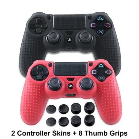 DualShock 4 Silicone Skin for Playstation 4 - PS4 Controller Grip Anti-slip Cover Protector Case for Sony Games, Slim, Pro - 2 Pack PS4 Accessories Skins - 4 Pairs PS4 Thumb Grips - Black & Red