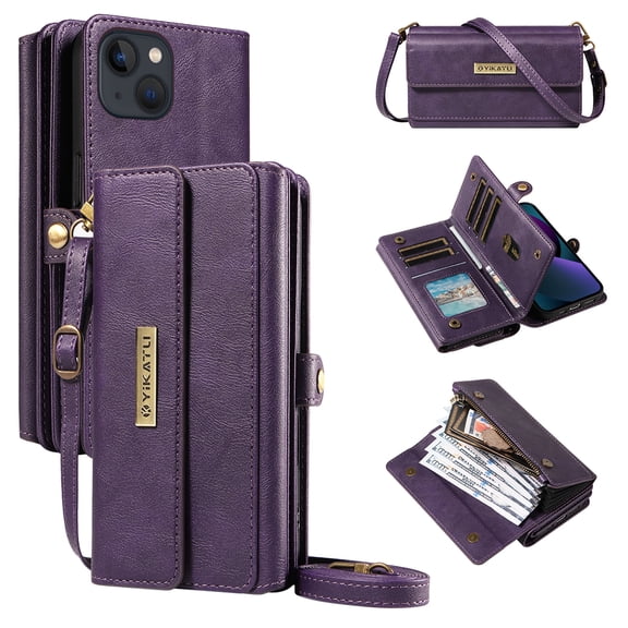 Wallet For iPhone 13 Case with RFID Blocking [9 Card Holder] [3 Cash Slots] [1 Zipper Pocket] for Women Men,Magnetic Snap Closure PU Leather Flip Stand Crossbody Strap Case,Purple