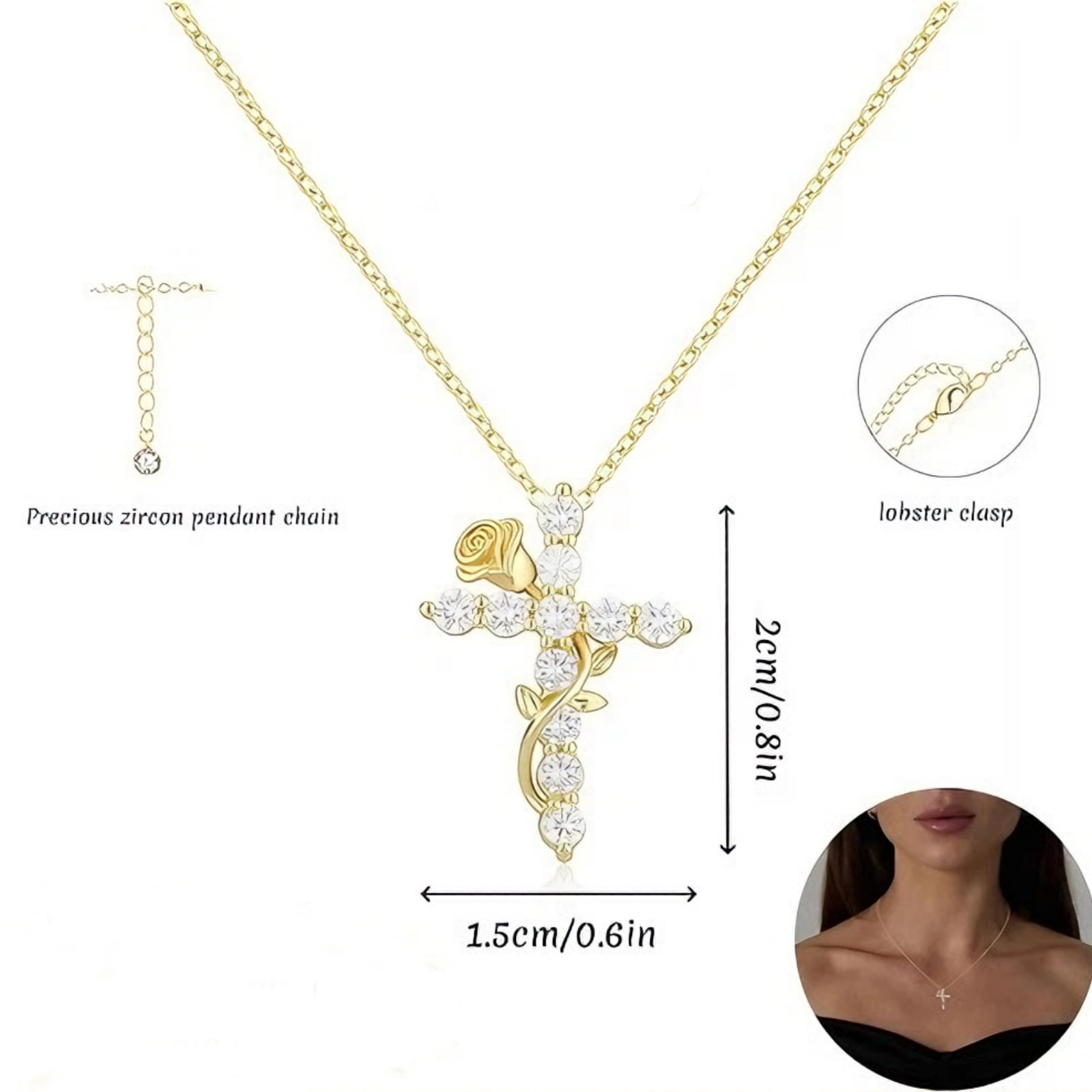 SFTING Cross Necklace for Women Rose Flower 18K Gold Plated Dainty Cross Pendant Faith Jewelry Gifts for Women Yellow