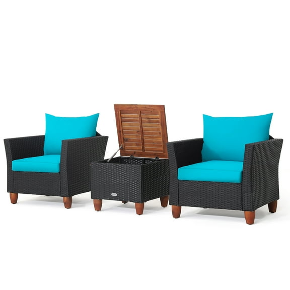 Gymax 3PCS Patio Rattan Conversation Set Outdoor Furniture Set w/ Turquoise Cushions