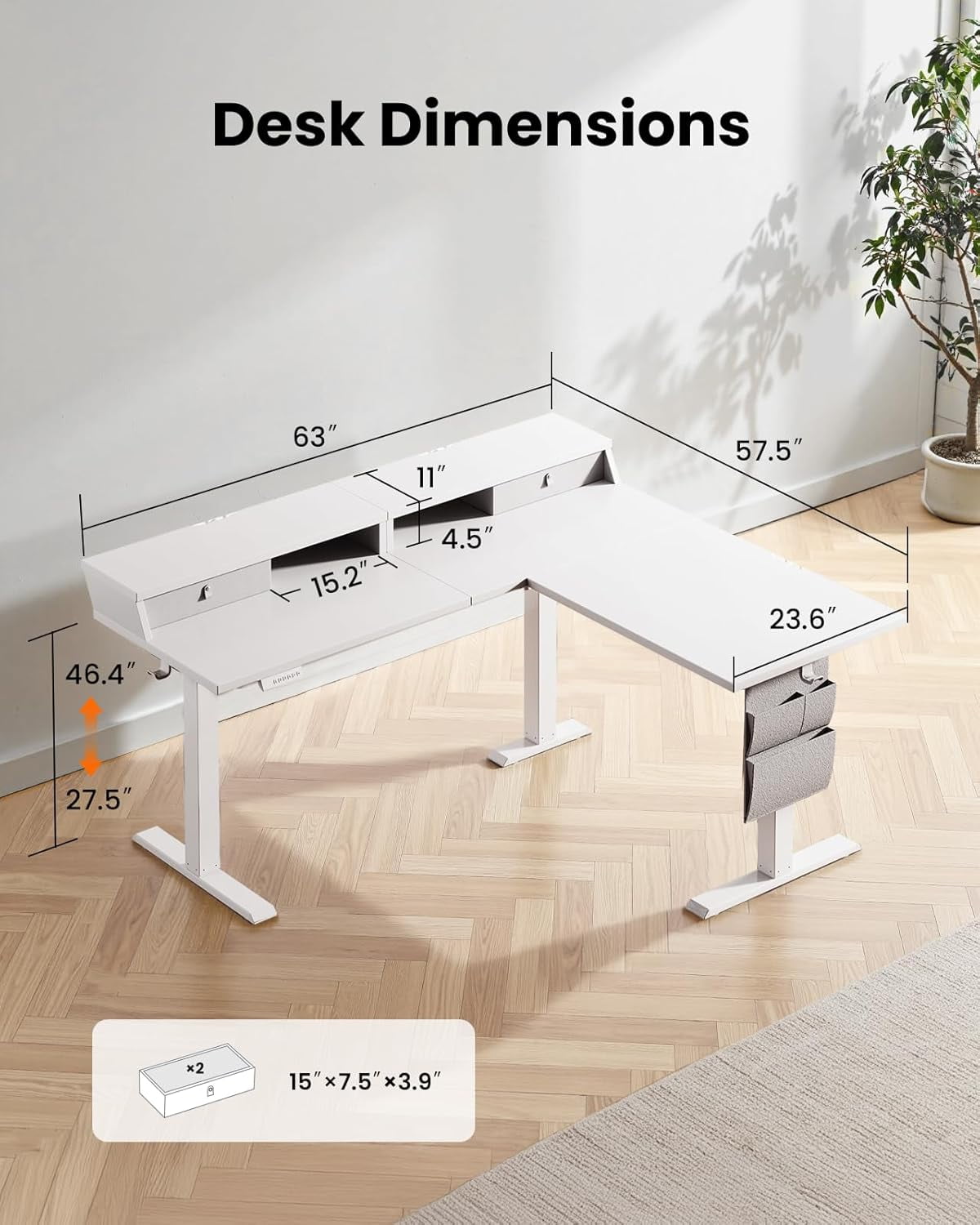 Kyspho L Shaped Electric Standing Desk, 63" Ergonomic Corner Height Adjustable Desk with Drawers, Sit Stand Computer Table with Storage for Work Office Home, White