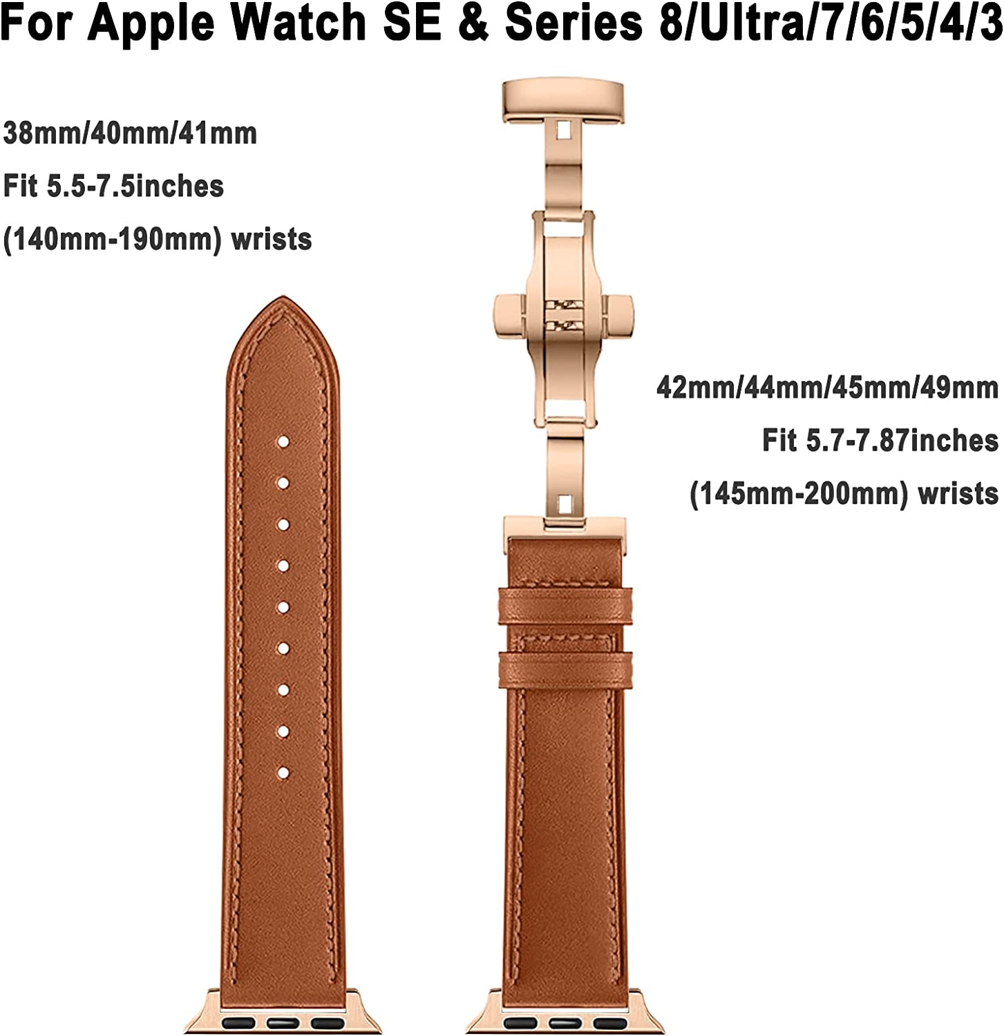 YuiYuKa Compatible with Leather Apple Watch Bands 44mm 38mm 40mm 45mm 42mm 41mm 49mm for Women Men, Genuine Leather Replacement Butterfly Buckle Strap for iWatch Series Ultra 8 7 SE 6 5 4 3 2 1 Nike - image 4 of 6