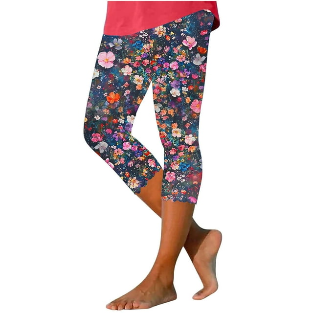 Économies d'Automne! SROBPTY Pantalons Capris pour Femmes, Capris d'Été Taille Haute à Imprimé Floral Assortis, Pantalons de Yoga et de Gym Ajustés Multicolores, S