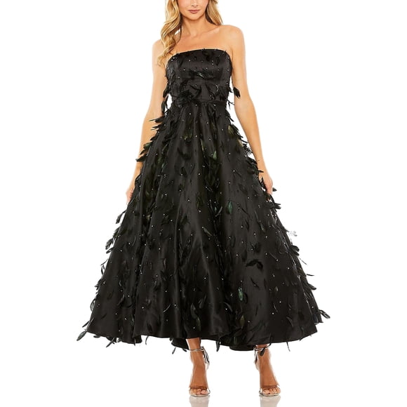 Mac Duggal Womens Feather Embellished Gown Dress, black, 8