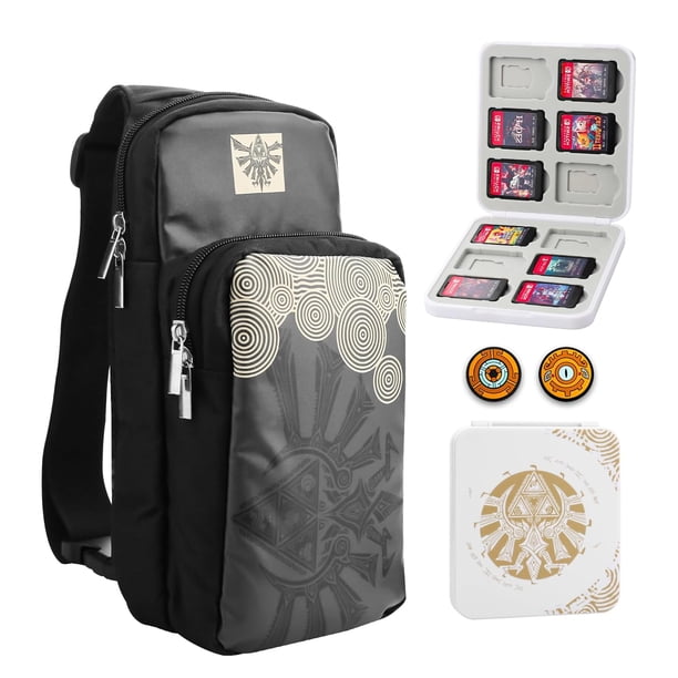 Funda de transporte portátil compatible con Nintendo Switch/OLED/Lite, bolso bandolera negro de gran capacidad con 12 compartimentos para juegos y tapas para los pulgares