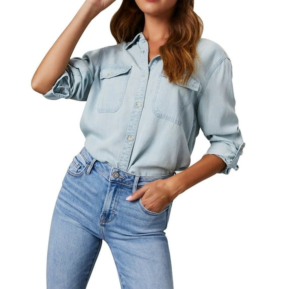 Womens Casual Denim Shirt - Turn Down Collar, Long Sleeve, Button Front - Western Style Top - S-XL