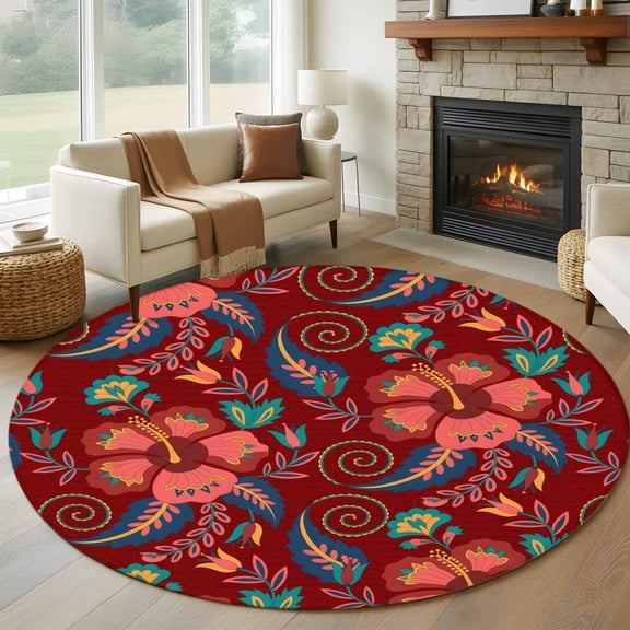 Red Boho Floral Round Rug 5ft Washable Circle Kitchen Rugs Non Slip Vintage Southwestern Ethnic Tribe Botanical Large Area Rug Indoor Floor Carpet for Bedroom Living Room Office Dining Room Nursery