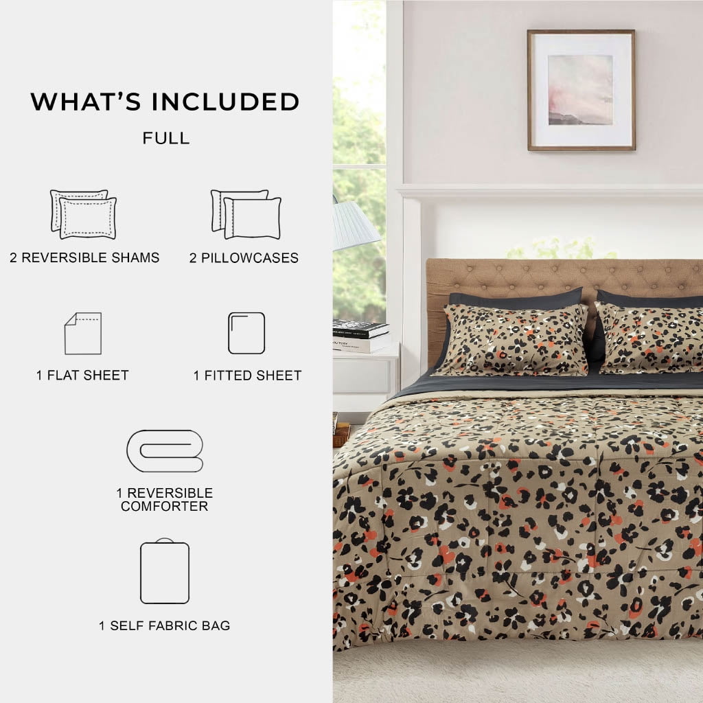 Mainstays All in One Reversible Comforter and Sheet set- 7 Piece, Full, Beige Animal Print