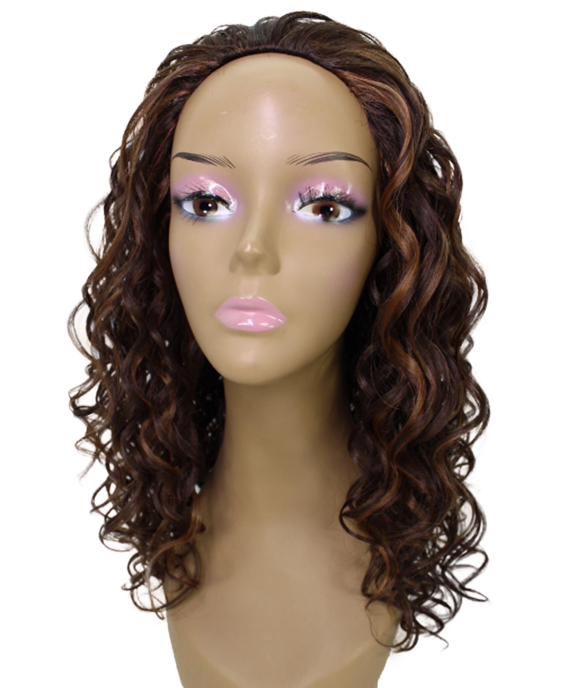 LUXLUXE Edwina Curly Layered 17 in Long Half Wig Mix Human Hair and Synthetic Fibers, Brown with Caramel Highlights