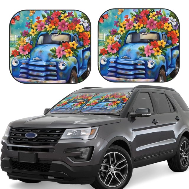 Balery Floral Truck Welcome Parasol para parabrisas de coche de 2 piezas | Parasol plegable para parabrisas delantero de coche para la mayoría de sedanes-Medium