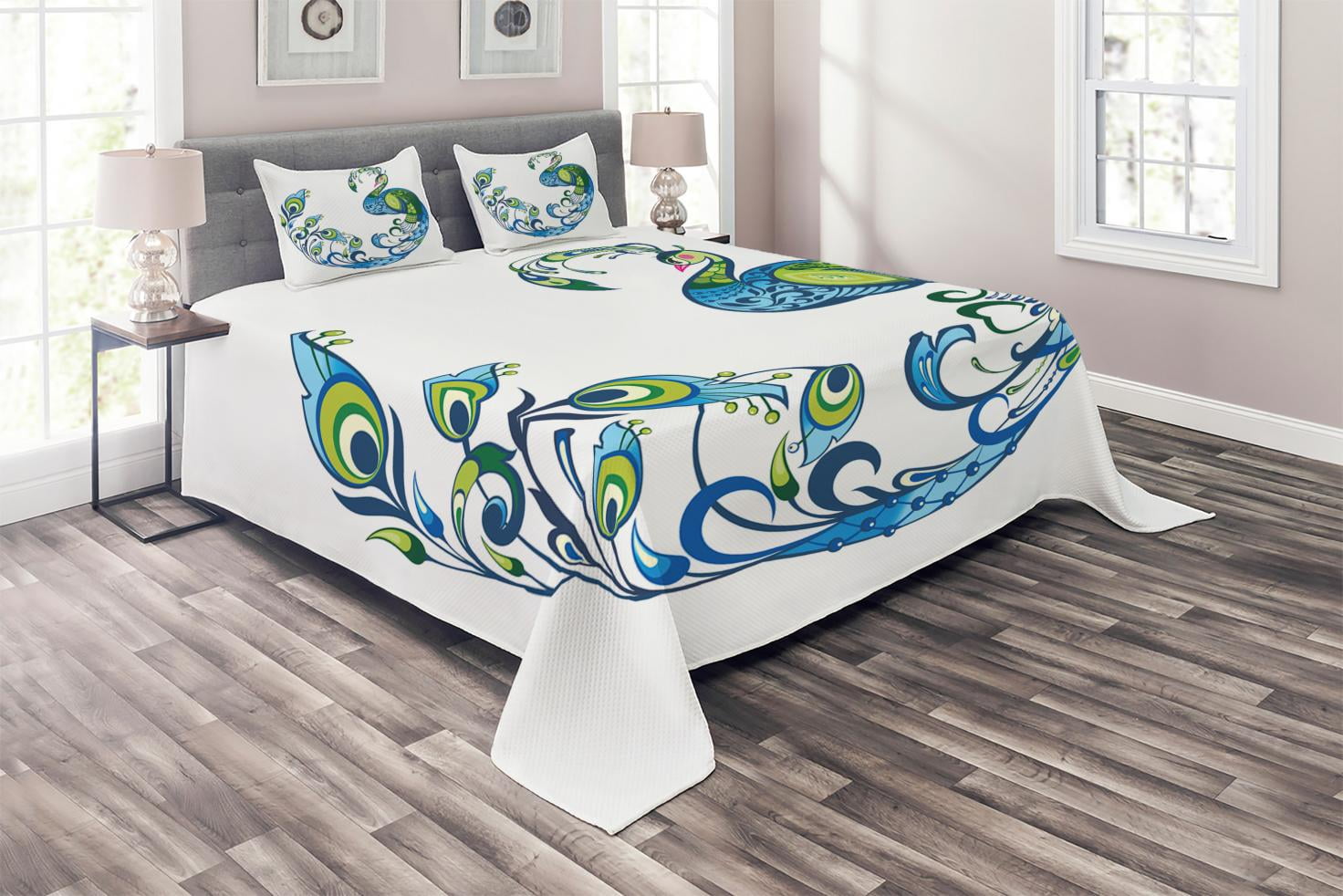 Tropical Landscape Print Details about   Blue White Quilted Coverlet & Pillow Shams Set 
