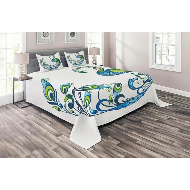 Peacock Coverlet Set Queen Size, Peacock Colorful Fashion Curvy Pattern  Tropical Summer Blossom Flourish Artful, Quilted 3 Piece Decor Bedspread  Set with 2 Pillow Shams, Blue Green Pink, by Ambesonne - Walmart.com