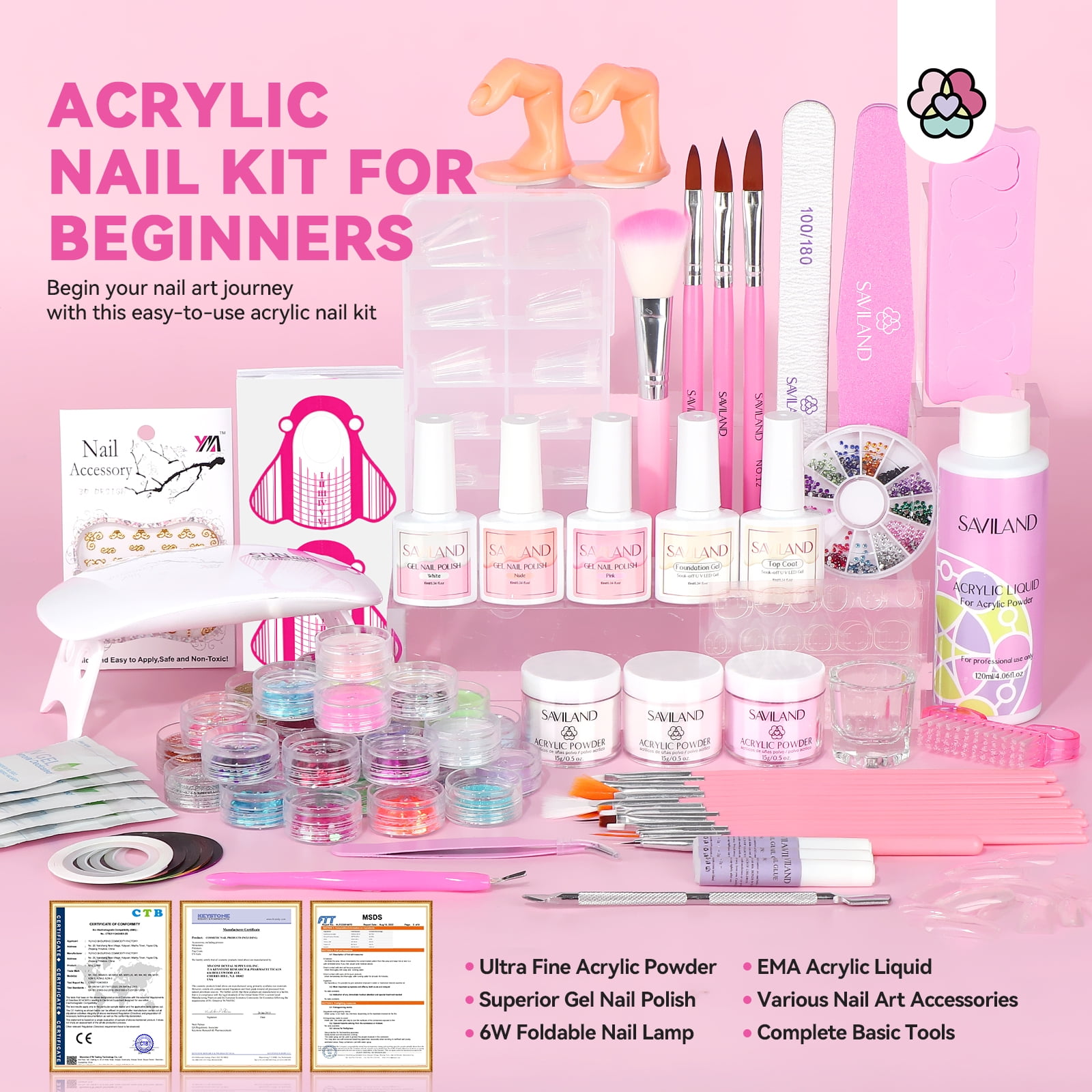 SAVILAND Acrylic Nail Kit with Everything: Acrylic Powder and Acrylic Liquid Set with Gel Nail Polish Practice Finger Nail Decoration Nail Art Accessory for Beginner