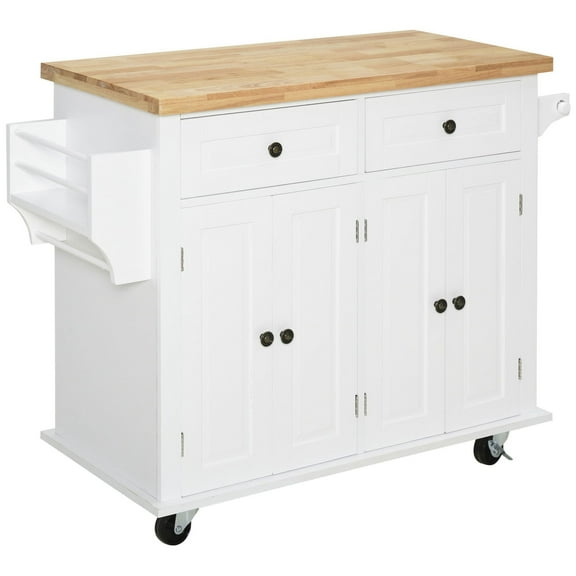 Nmkwnr Rolling Kitchen Cart with Wheels and Drawers, Rubberwood Top Kitchen Island with Spice Rack and Towel Rack, White