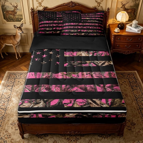 Erosebridal Pink Camouflage Zipper Twin Comforter Sets with Fitted Sheet and 2 Pillowcases for Girls, Stripes Stars Flag Print Zipper Bedding Set, Black Reversible, 4-Piece