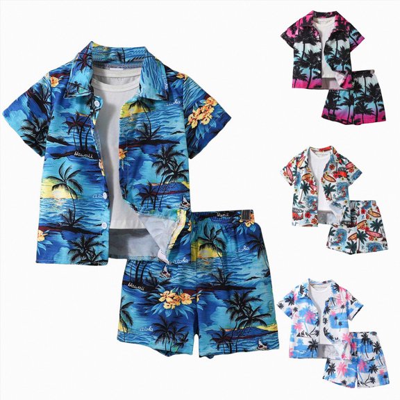 Gubotare Boys Summer Outfits Short Sleeve Hawaiian Shirt and Shorts Vacation Set for Kids Summer Clothes Set Hot Pink,Size 5 Years