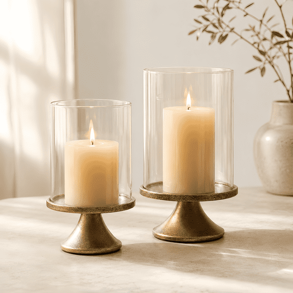Hurricane Candle Holders, Set of 2 Glass Dome Pillar Candle Holders with Vintage Brass Iron Bases for Table Centerpiece and Home Decor
