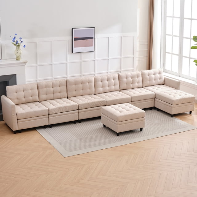 ZAFLY U/L Shaped Couch Set with Storage Ottoman, Modular Sectional Sofa for Living Room, Beige