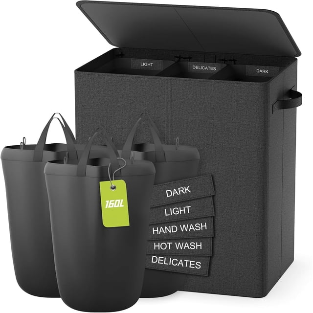 Double Laundry Hamper with Lid L Clothes Hampers for Laundry with Removable Bags & Labels Laundry Hamper Section for Separating Large Laundry Basket for Laundry Room Bedroom