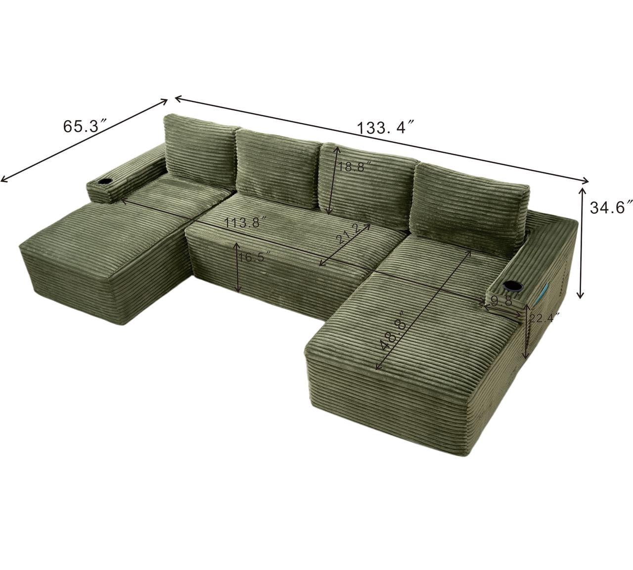 Compressible U-Shaped Sectional Sofa Set, Modern Modular Sectional Sofa with Built-in Cup Holders and Side Storage Pockets for Living Room No Assembly, Green