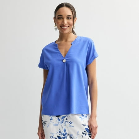 Women's Ellen Tracy Linen Faux Pearl Button Drop Sleeve Top Color: Blue Size: X SMALL